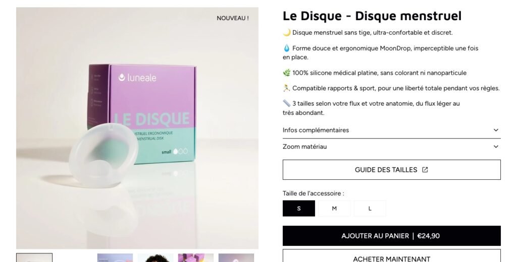 Fiche du disque menstruel Luneale sur le site de la marque : prix de 24,90 € et tailles S, M et L