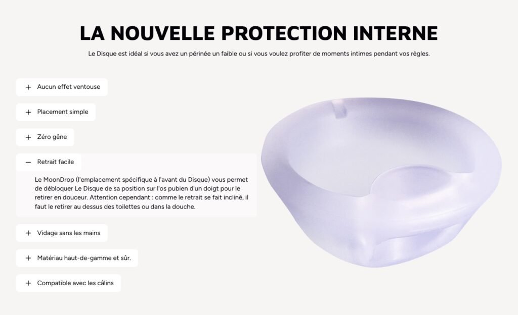 Gros plan du disque menstruel Luneale avec le MoonDrop, le creux à l’avant du disque
