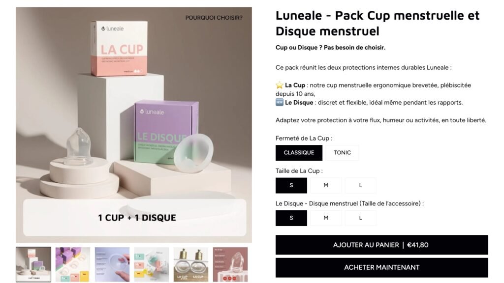Fiche du pack cup + disque Luneale à 41,80 € sur le site de la marque